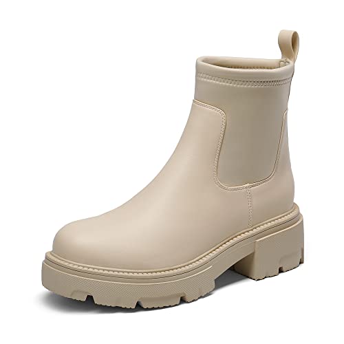DREAM PAIRS Chelsea Boots - Botines para mujer impermeables con suela gruesa, beige y blanco., 39 (EUR)