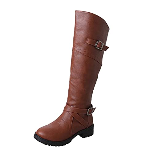 205 Botas Tacón Bajo Mujer Botas Heel Boots Boots Mid - Heel Leather Buckle Mujeres Retro Long Shoes High Women's Boots Botas Impermeables Mujer Media Caña (Brown, 38)