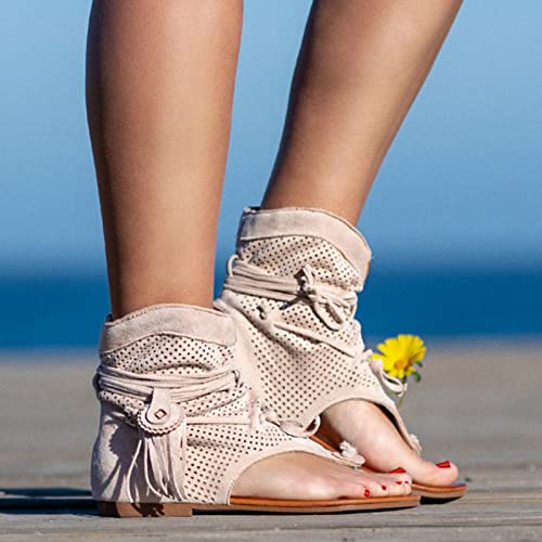 DAIFINEY Sandalias borlas retro zapatos de playa mujeres boho botas novela sandalias mujer zapatos de mujer invierno 40, beige, 38 EU