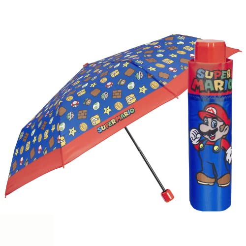 PERLETTI Paraguas Plegable Super Mario Bros para Niños - Mini Paraguas Rojo Azul Supermario para Niño 4 5 6 7 Años Resistente Apertura Manual - Paraguas Antiviento Ligero Compacto - Diámetro 91 cm