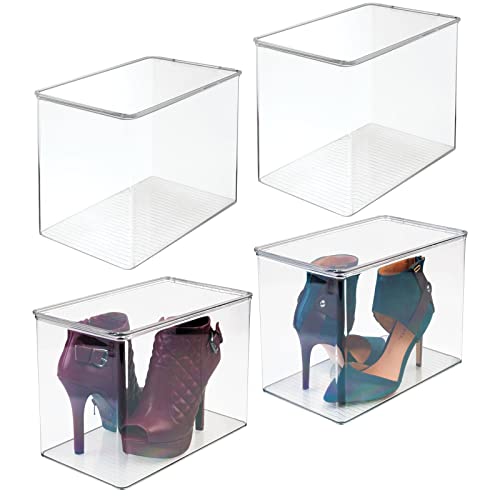 mDesign Juego de 4 cajas para guardar zapatos – Cajas de plástico apilables para ordenar zapatos de tacón y botas – Cajas para armarios o para el pasillo – transparente