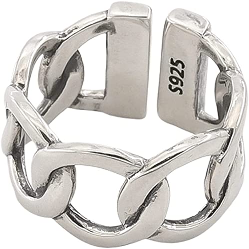 Anillo de cadena de trigo, anillo abierto, anillo ancho ajustable de plata de ley 925 a la moda, hip hop, joyas, anillo de enlace de borde para mujeres