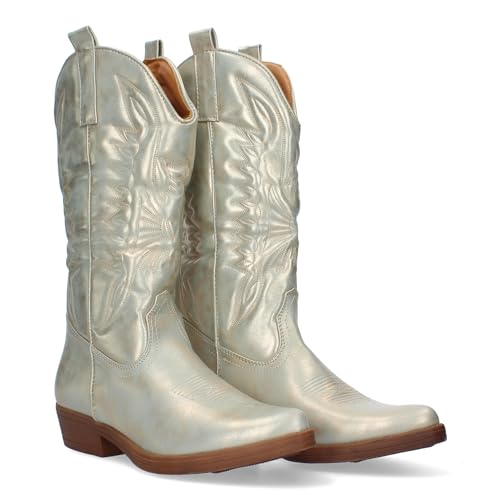 shoes&blues.es 78066-Bota de Tacon para Mujer, Comodos, con Bordado, Estilo Cowboy. Talla 37 Oro