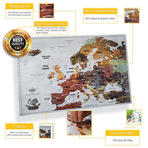 2map Mapa de Viaje con Chinchetas, Mapa de Viaje Europeo con Marco, Mapa de Viaje Familiar y Aventuras Personales, Mapa con 100 Extra Chinchetas 53 x 43 cm, el Mapa para Viajeros, Fabricado en la EU
