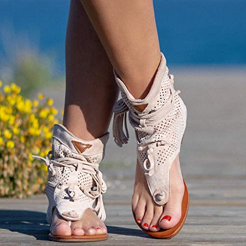 Chanclas Mujer Vestir Sandalias Retro Mujer Botas con borlas Playa Zapatos Niñas Sandalias de Mujer Zapatillas Cunas (Beige, 40)