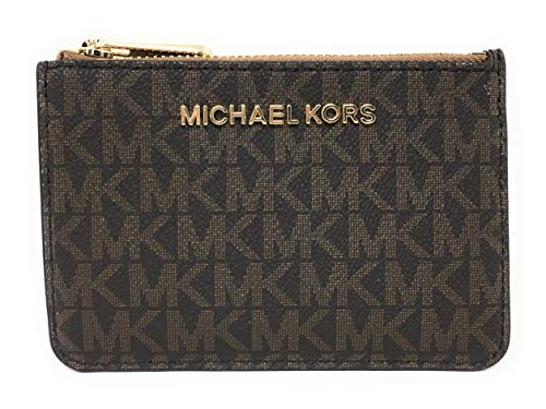 Michael Kors Jet Set Travel Small Top Zip Coin Pouch with ID Holder - PVC Coated Twill (Brown & Acorn)