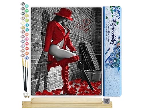 Figured'Art Pintar por Numeros Adultos Botas De Cuero Rojo Femeninas - Manualidades pintura acrilica Kit Cuadro DIY completo - 40x50cm monta tu propio bastidor